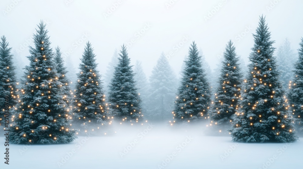 Obraz premium Holiday misty concept. A serene winter scene of snow-covered trees adorned with twinkling lights, creating a magical holiday atmosphere.