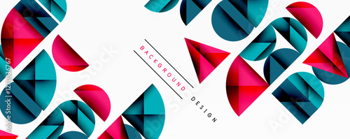 Abstract geometric background with layered gradient shapes forming dynamic patterns. Overlapping semi circles and triangles create depth and contrast