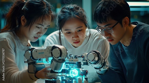 Three students collaborating on a robotics project, focusing on a robotic arm in a lab setting