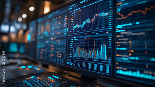 Wallpaper Mural Data-Driven Insights: Dive into the world of finance with a compelling image showcasing a series of computer screens displaying dynamic stock market data and complex financial charts. Torontodigital.ca