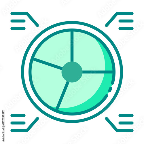 Pie chart green filled line icon representing data distribution and proportional analysis