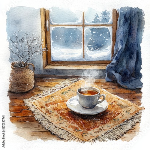 Watercolor painting of a cozy living room with a soft rug, a steaming cup of tea, and a window showing falling snow