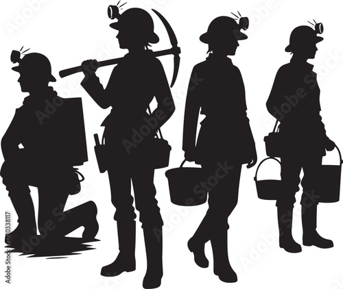 Silhouettes of miners with tools and buckets.