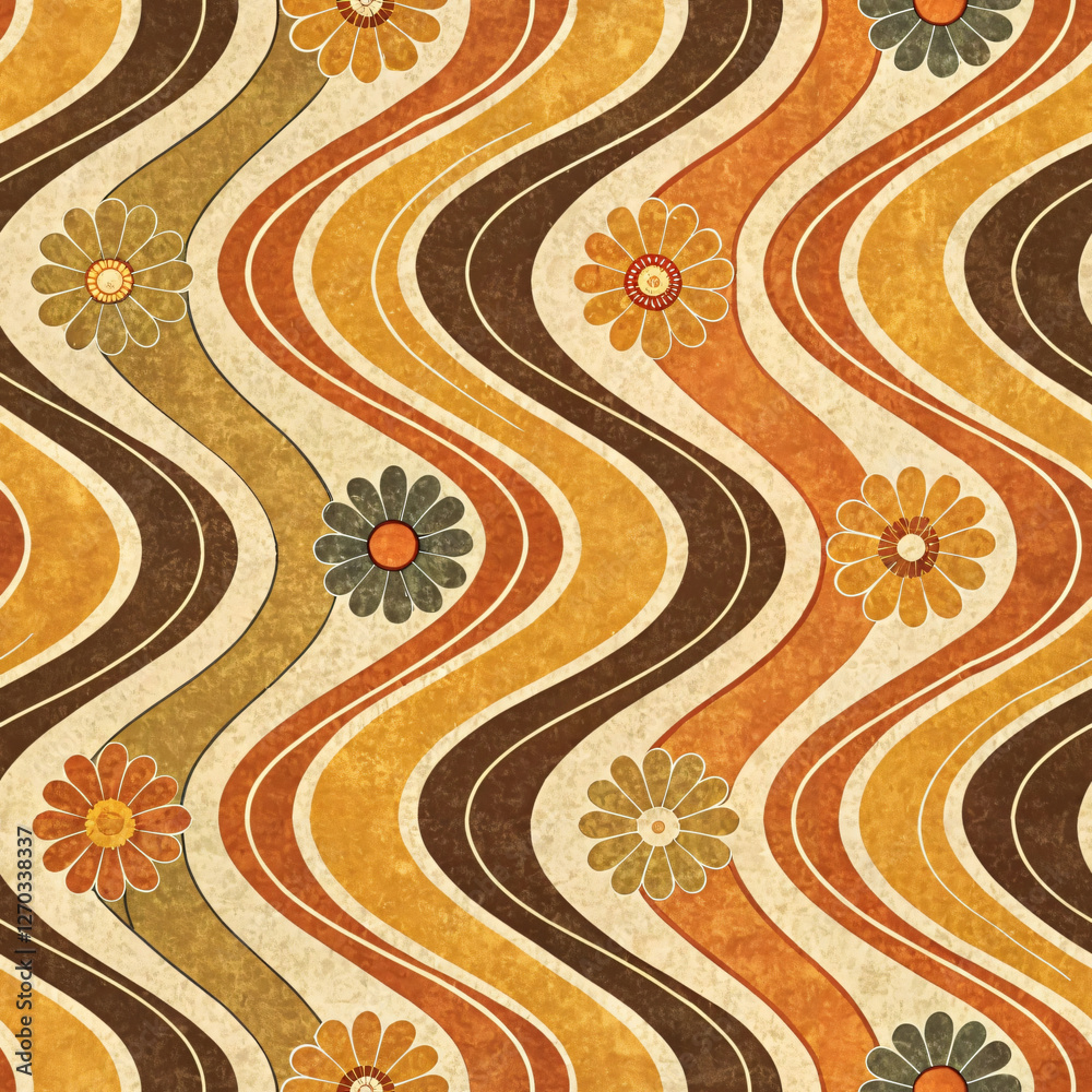 Fototapeta premium Retro floral pattern with wavy lines in warm colors seamless pattern