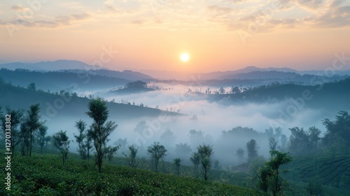 Sunrise over misty tea plantation valley