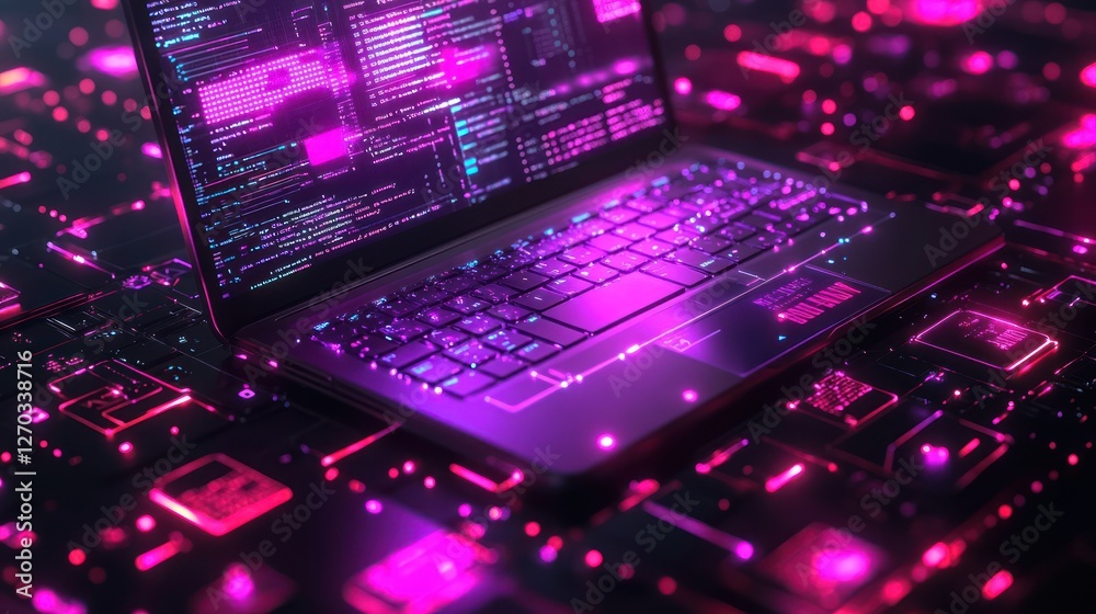 Laptop coding cyberpunk futuristic circuit background Laptop coding cyberpunk futuristic circuit background