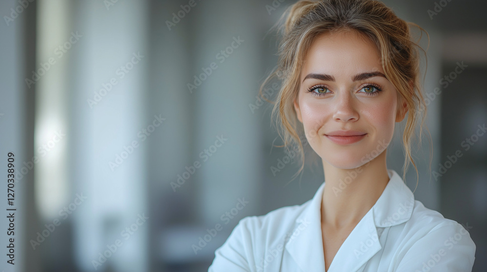 Confident Medical Professional: A close-up portrait of a smiling, skilled female medical professional, radiating warmth and competence in a clean and modern environment. Confident Medical Professional: A close-up portrait of a smiling, skilled female medical professional, radiating warmth and competence in a clean and modern environment.