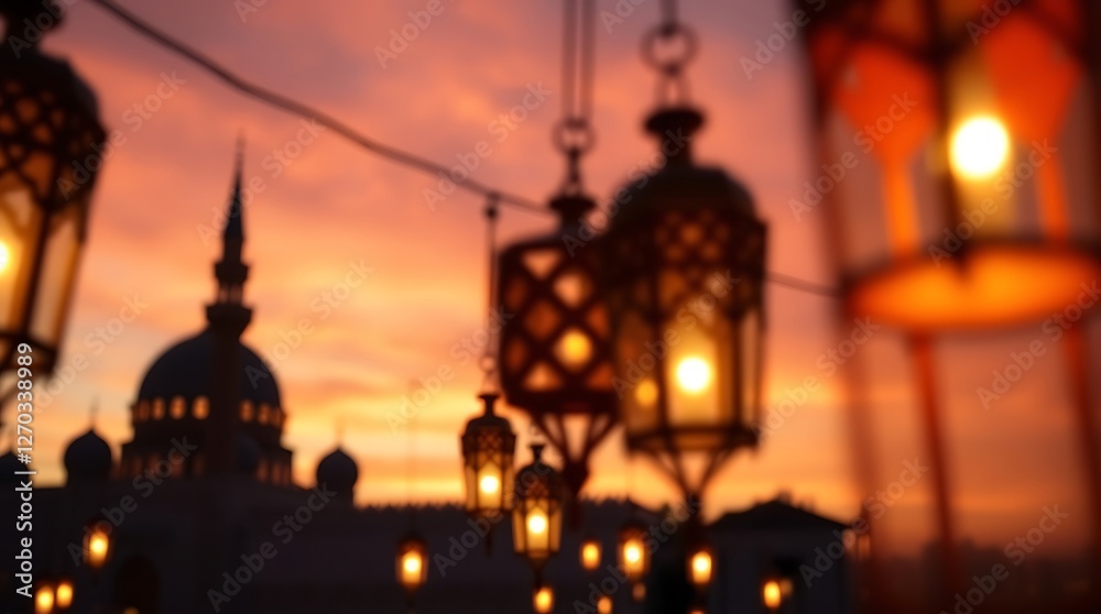 Obraz premium Illuminated Lanterns and Mosque at Sunset Creating Ramadan Ambiance