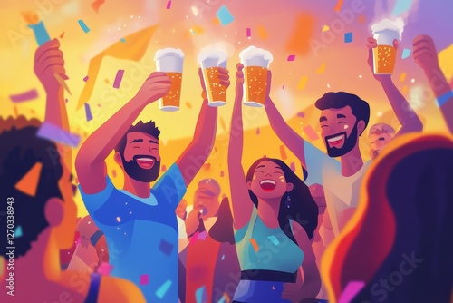 Joyful friends celebrating together with beer at a vibrant music festival experience photo