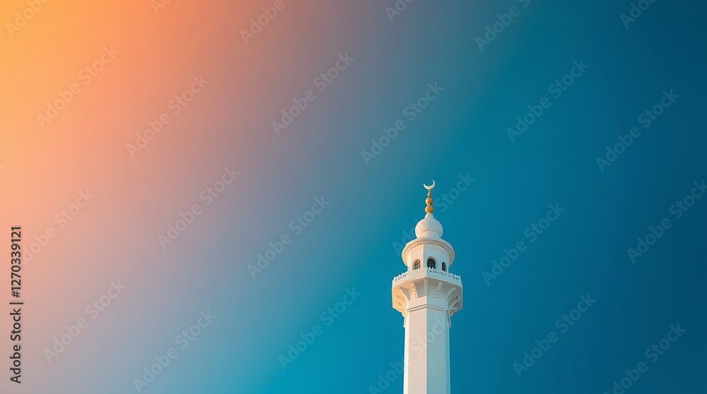 White Mosque Minaret Tower Against Colorful Gradient Sky at Dusk White Mosque Minaret Tower Against Colorful Gradient Sky at Dusk