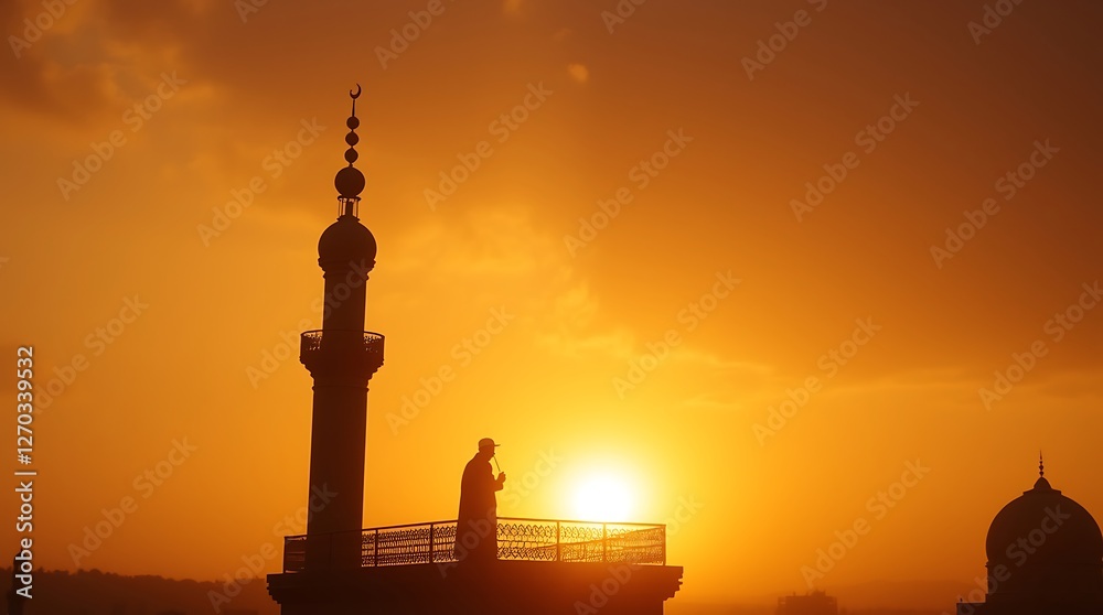 Obraz premium Man Praying on Balcony at Sunset with Mosque and Golden Light