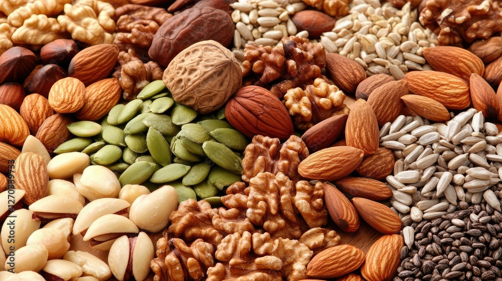 Naklejka premium Assorted nuts and seeds scattered on a wooden board, including almonds, walnuts, and sunflower seeds.