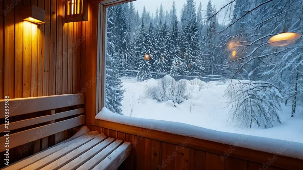 Relaxing Winter Sauna with Snow Covered Forest View