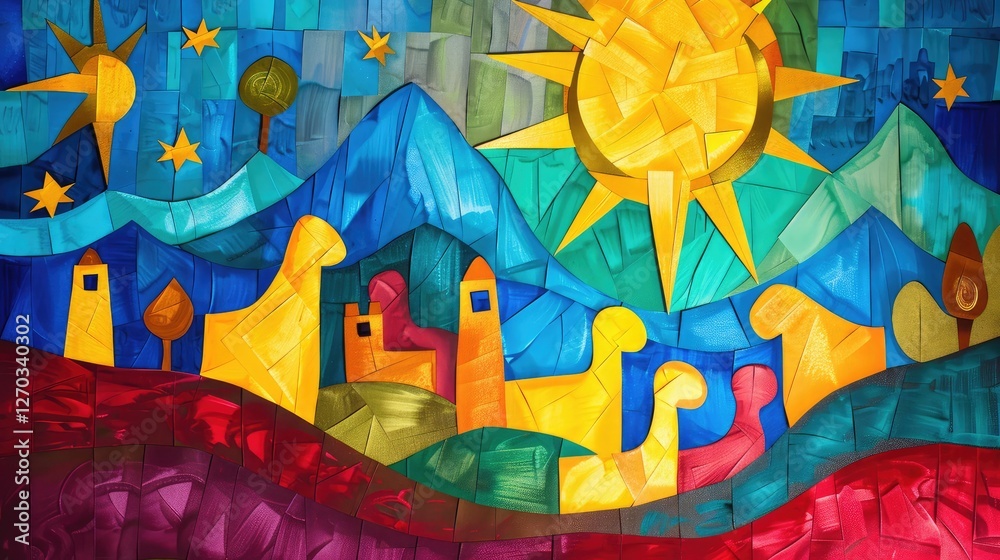Obraz premium Vibrant Mosaic Landscape with Sun and Mountains in Bold Colors