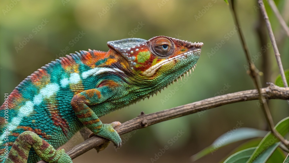 Panther Chameleon on Branch: A vibrant panther chameleon, showcasing its iridescent scales of teal, orange, and red, perches on a slender branch in a lush, tropical setting. Panther Chameleon on Branch: A vibrant panther chameleon, showcasing its iridescent scales of teal, orange, and red, perches on a slender branch in a lush, tropical setting.