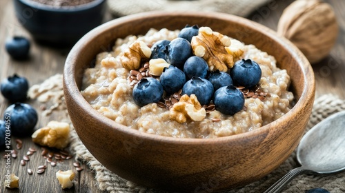 Bowl of oatmeal with flaxseeds, walnuts, and blueberries, heart-healthy breakfast