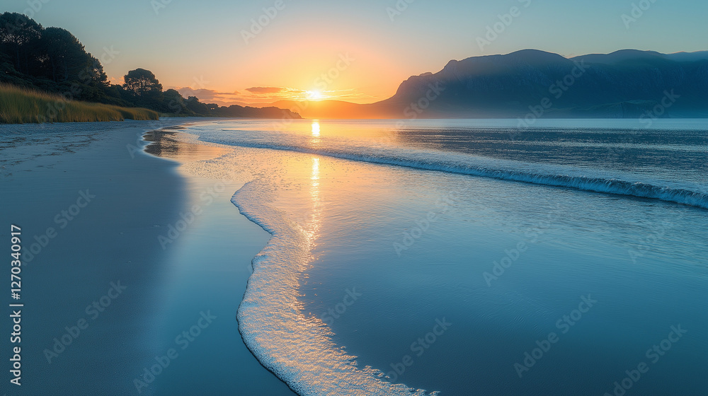 Obraz premium Golden Hour's Embrace: The serene seashore under the stunning sunrise. Waves gently caress the sandy beach, with the horizon mirroring the warmth of the sky.