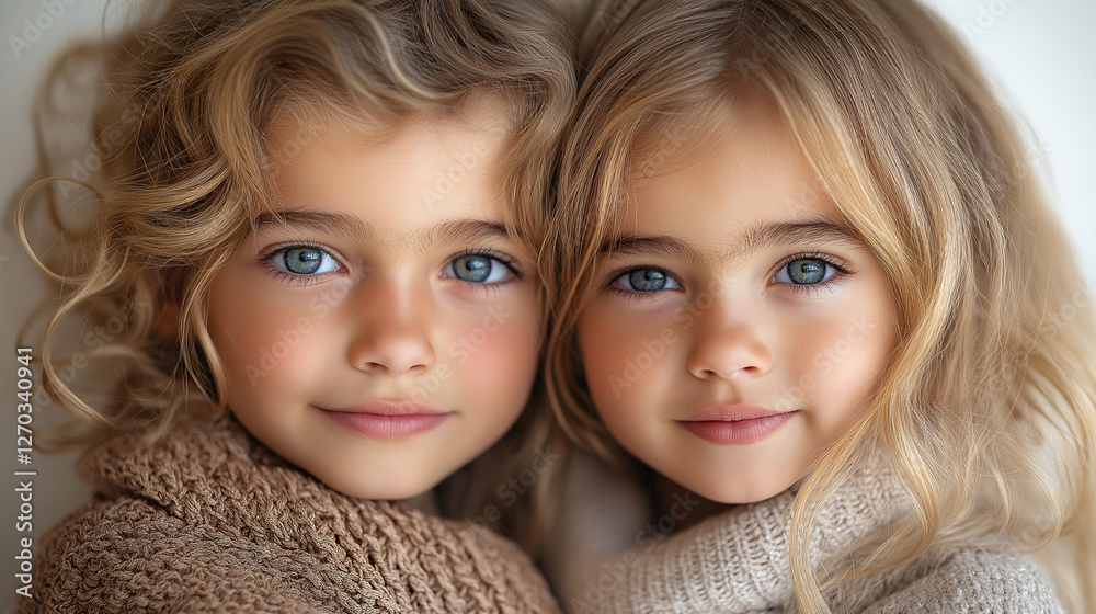 Radiant Duo: Captivating portraits of two beautiful young girls with striking blue eyes, soft blonde hair, and a heartwarming aura, portraying a serene moment of shared connection and innocence. Radiant Duo: Captivating portraits of two beautiful young girls with striking blue eyes, soft blonde hair, and a heartwarming aura, portraying a serene moment of shared connection and innocence.