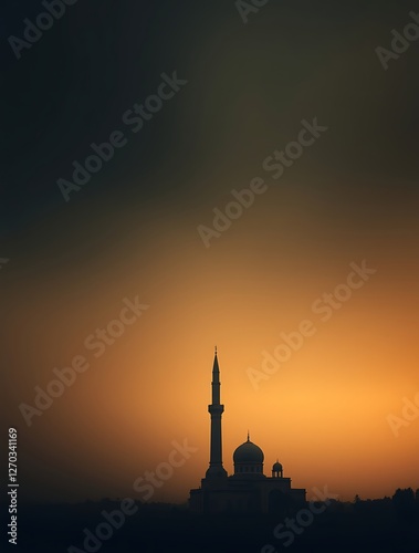 Mosque Silhouette at Sunset with Golden Sky and Minaret View