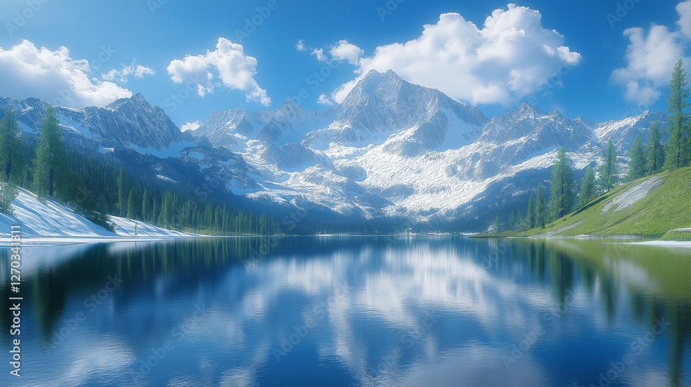 Fototapeta premium Majestic Reflections: Snow-capped mountains pierce the sky as they are mirrored perfectly in the serene water of a mountain lake, evoking a sense of wonder.