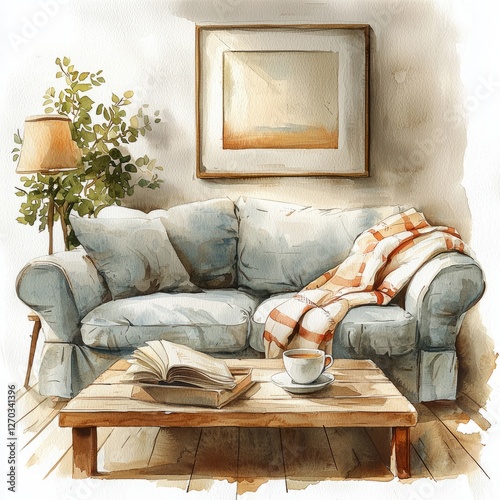 atercolor painting of a peaceful living room with a cozy couch, soft lighting, and a cup of tea on a coffee table photo