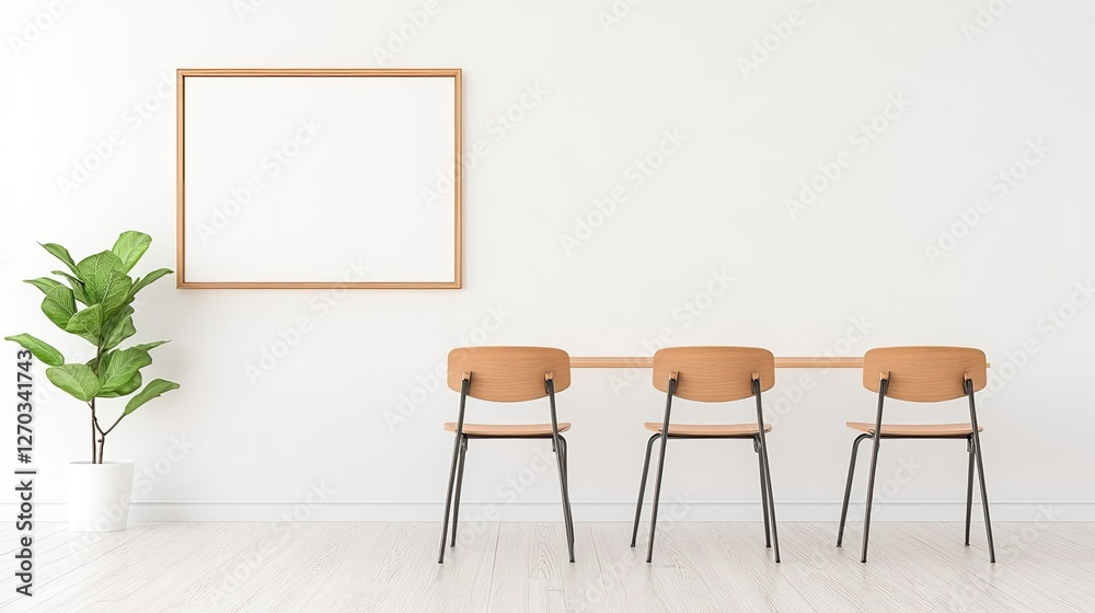 Minimalistic interior design featuring three chairs, a blank frame, and a potted plant Minimalistic interior design featuring three chairs, a blank frame, and a potted plant
