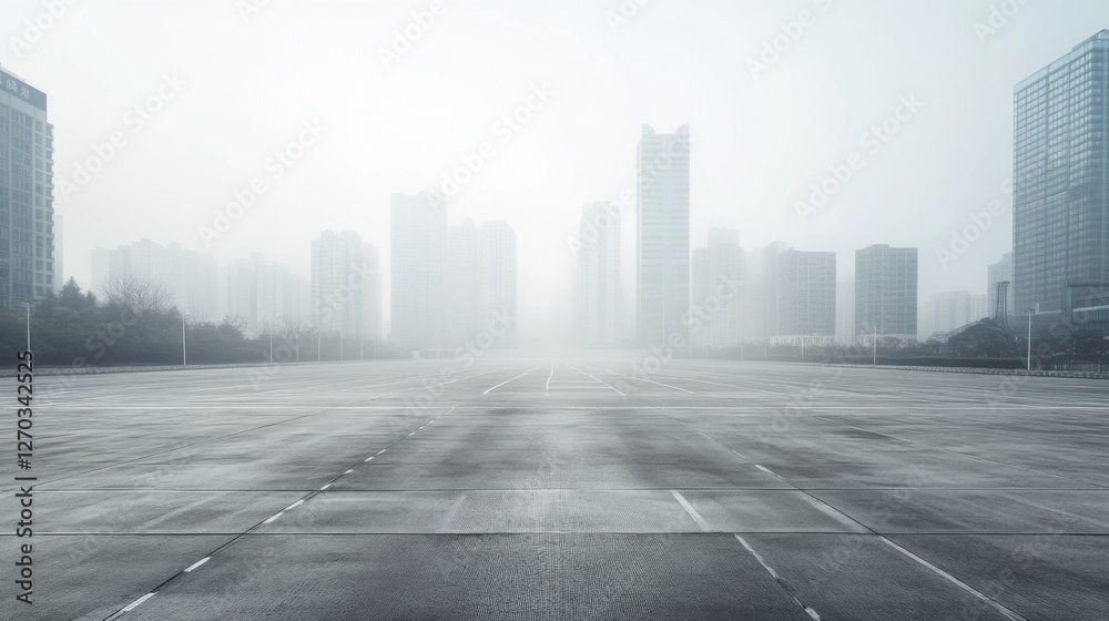 A vast car plaza with skyscrapers wrapped in morning mist. Featuring mystery and poetic urbanism