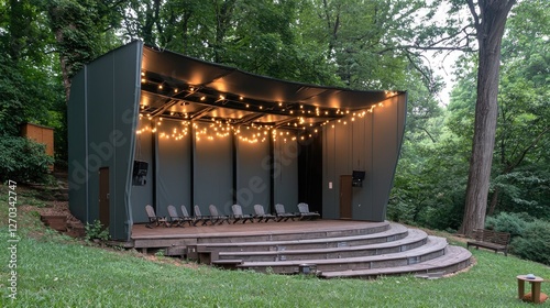 Outdoor performance stage with seating, surrounded by greenery and soft lighting in the evening