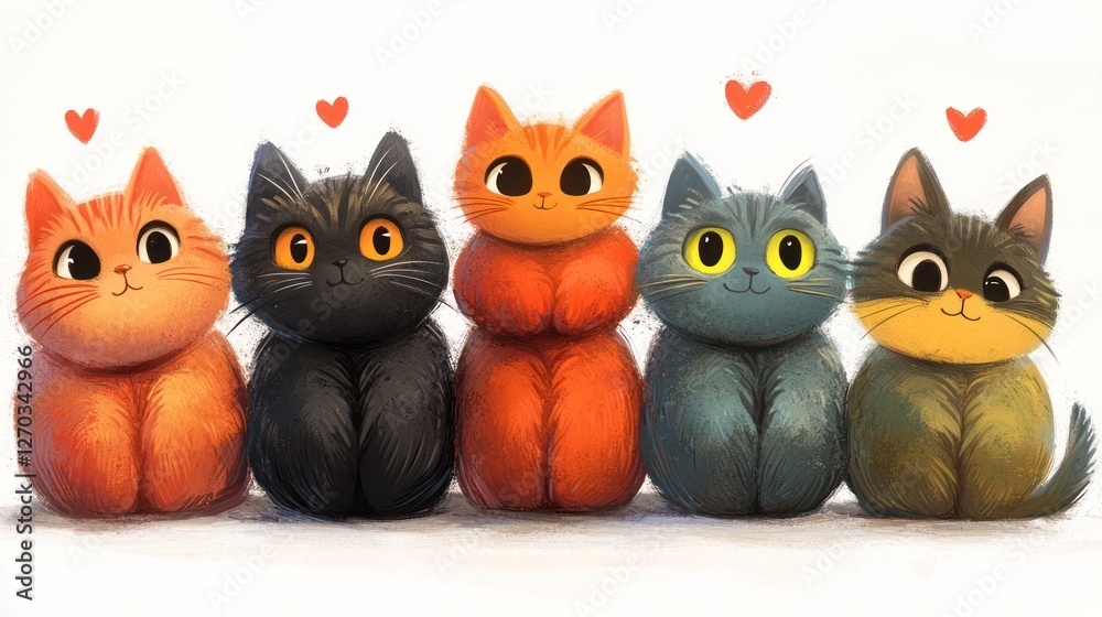 Fototapeta premium Five cute kittens sitting, white background, hearts, illustration, pet card