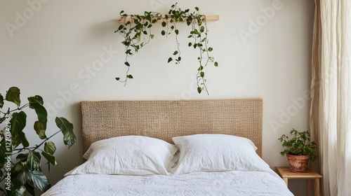 Cozy bedroom interior featuring a neatly made bed, natural light, and indoor plants enhancing tranquility