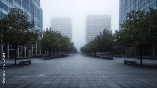 A quiet city plaza with a skyline under a foggy morning sky. Featuring mystery and tranquility