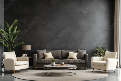 Dark gray living room, taupe tones, microcement wall, luxury design.