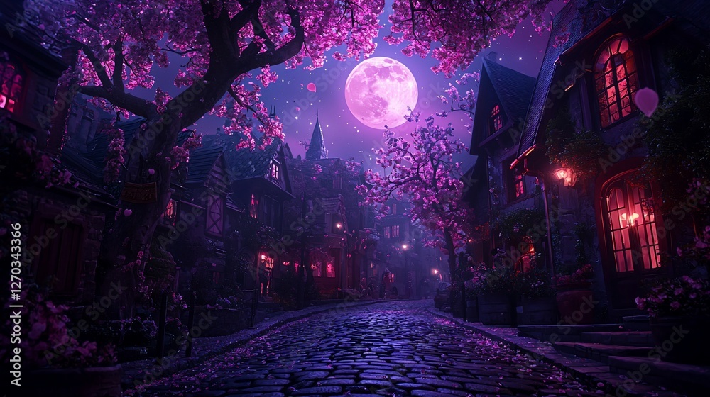 Enchanting moonlit cobblestone street, pink blossom trees, romantic fairytale village. Enchanting moonlit cobblestone street, pink blossom trees, romantic fairytale village.