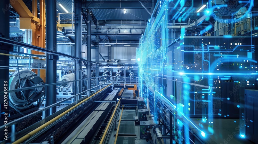 Modern Industrial Factory with Digital Technology Overlay Modern Industrial Factory with Digital Technology Overlay