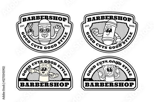 barber pole lamp and shaving brush cartoon logo design collection for barbershop. barber brush with foam and lamp pole emblem logo set. barbershop instrument cartoon badge logo illustration bundle