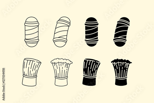 set of barbershop pole lamp and shaving brush line art, filled style vector.  outline of barber brush with foam and lamp pole signage illustration collection. element design of barbershop instrument