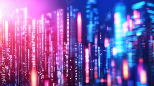 A vibrant display of illuminated vertical lines and patterns, evoking a futuristic cityscape with a blend of purple and blue hues.