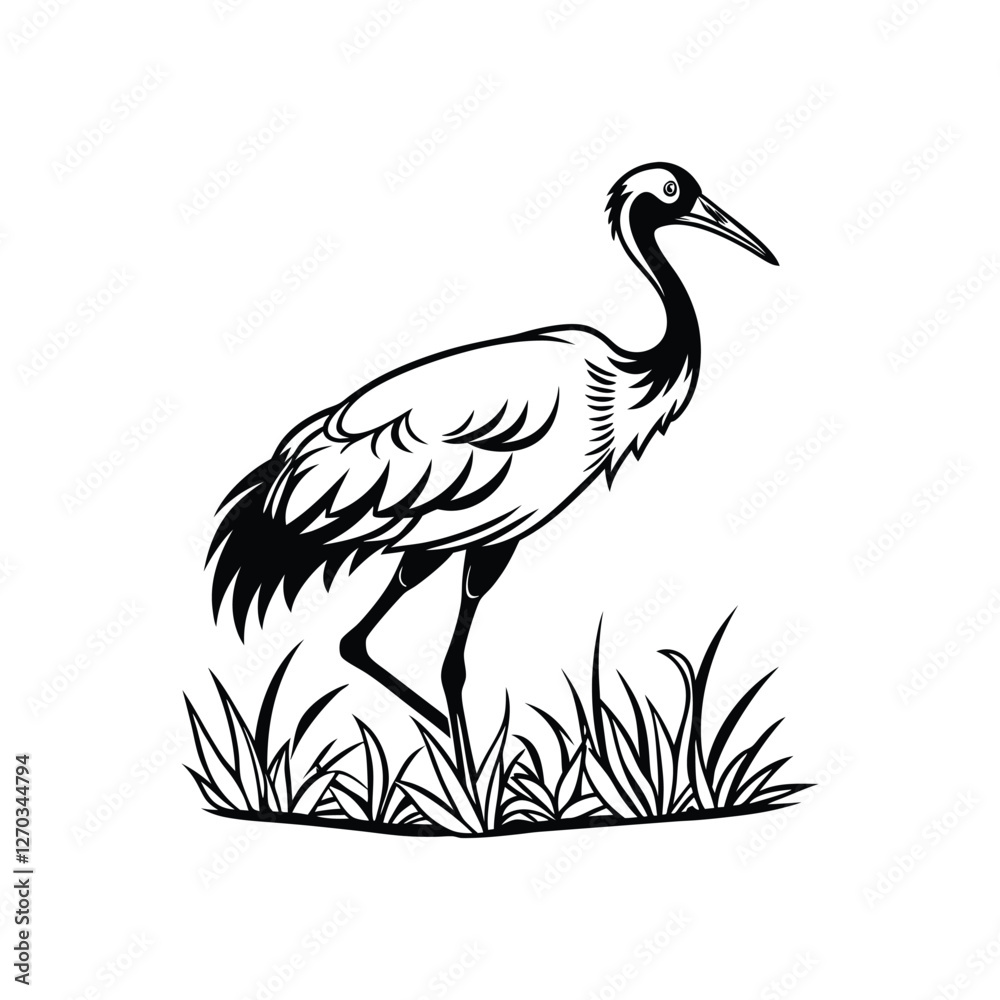 Fototapeta premium Black and White Heron Bird Silhouette with Grass – Vector Illustration