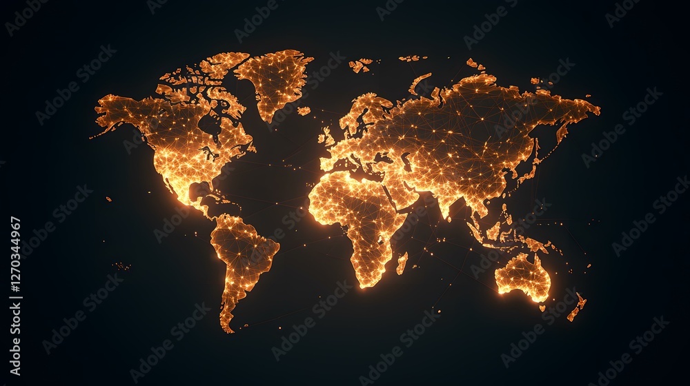 The image contains a glowing, orange world map rendered in a low-poly style, with interconnected nodes representing global connectivity.