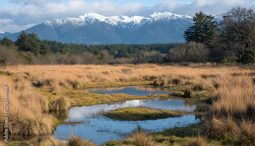 Serene wetland landscape with snow-capped mountains in the background, showcasing tranquil pools reflecting the sky and surrounding tall grasses.