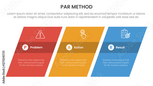 PAR method infographic 3 point with rectangle skew or tilt for slide presentation