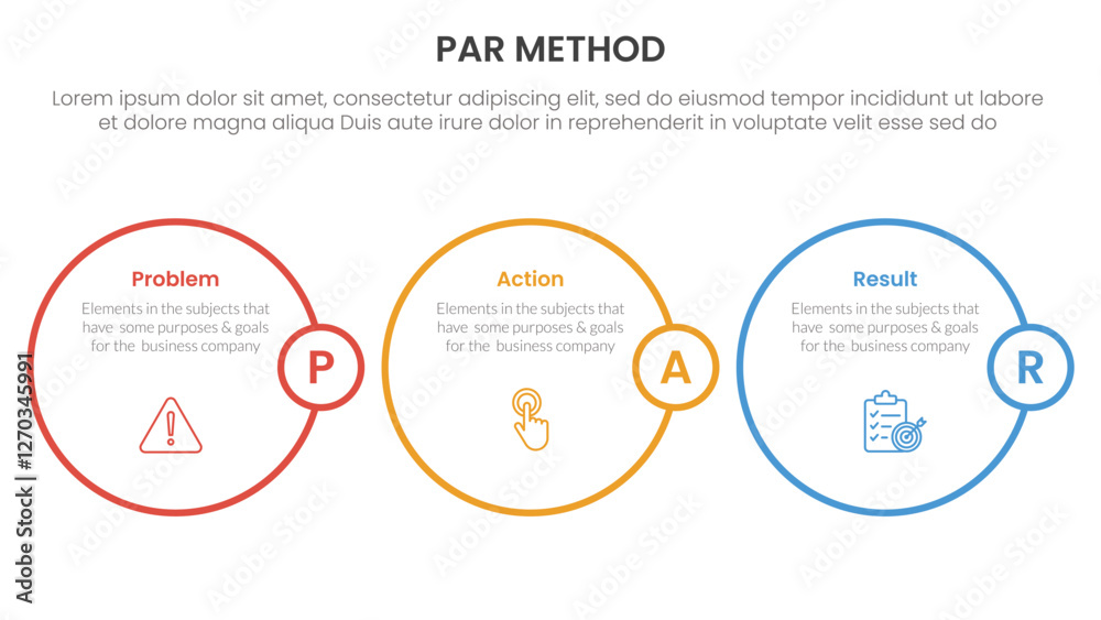 PAR method infographic 3 point with horizontal outline circle for slide presentation PAR method infographic 3 point with horizontal outline circle for slide presentation