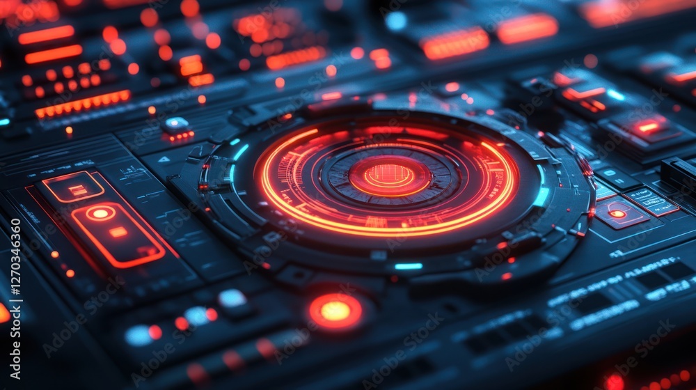Futuristic Control Panel Glowing Red, Sci-Fi Interface Futuristic Control Panel Glowing Red, Sci-Fi Interface