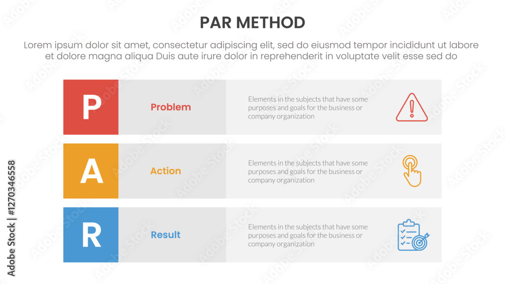PAR method infographic 3 point with 3 block row rectangle content stack for slide presentation PAR method infographic 3 point with 3 block row rectangle content stack for slide presentation