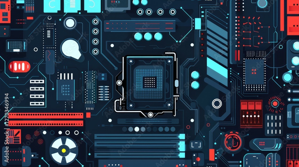 Fototapeta premium High-Tech Circuitry Design Featuring a Central Microprocessor