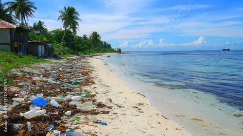 Plastic waste washing up on shore, contrasting with a clean beach on the other side.