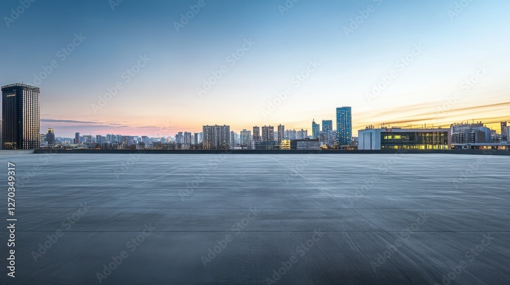 A vast empty car plaza with a contemporary skyline under soft evening light. Featuring elegance and space