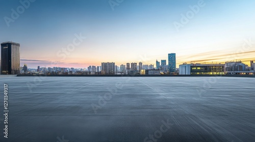Obraz na płótnie A vast empty car plaza with a contemporary skyline under soft evening light. Featuring elegance and space w salonie