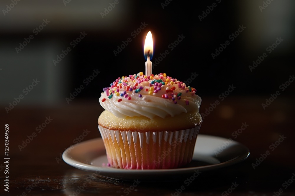 Vanilla cupcake with sprinkles and a lit candle. Perfect for birthday, celebration, or party themes. Vanilla cupcake with sprinkles and a lit candle. Perfect for birthday, celebration, or party themes.