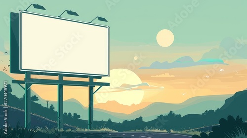 Tranquil Sunset Landscape Featuring Empty Billboard and Scenic Mountains